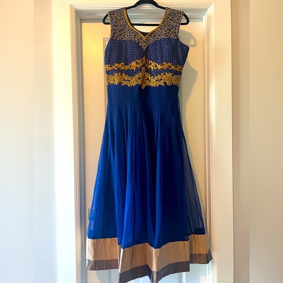 Indian 3-piece anarkali in dark blue and gold - Picture 1 of 5